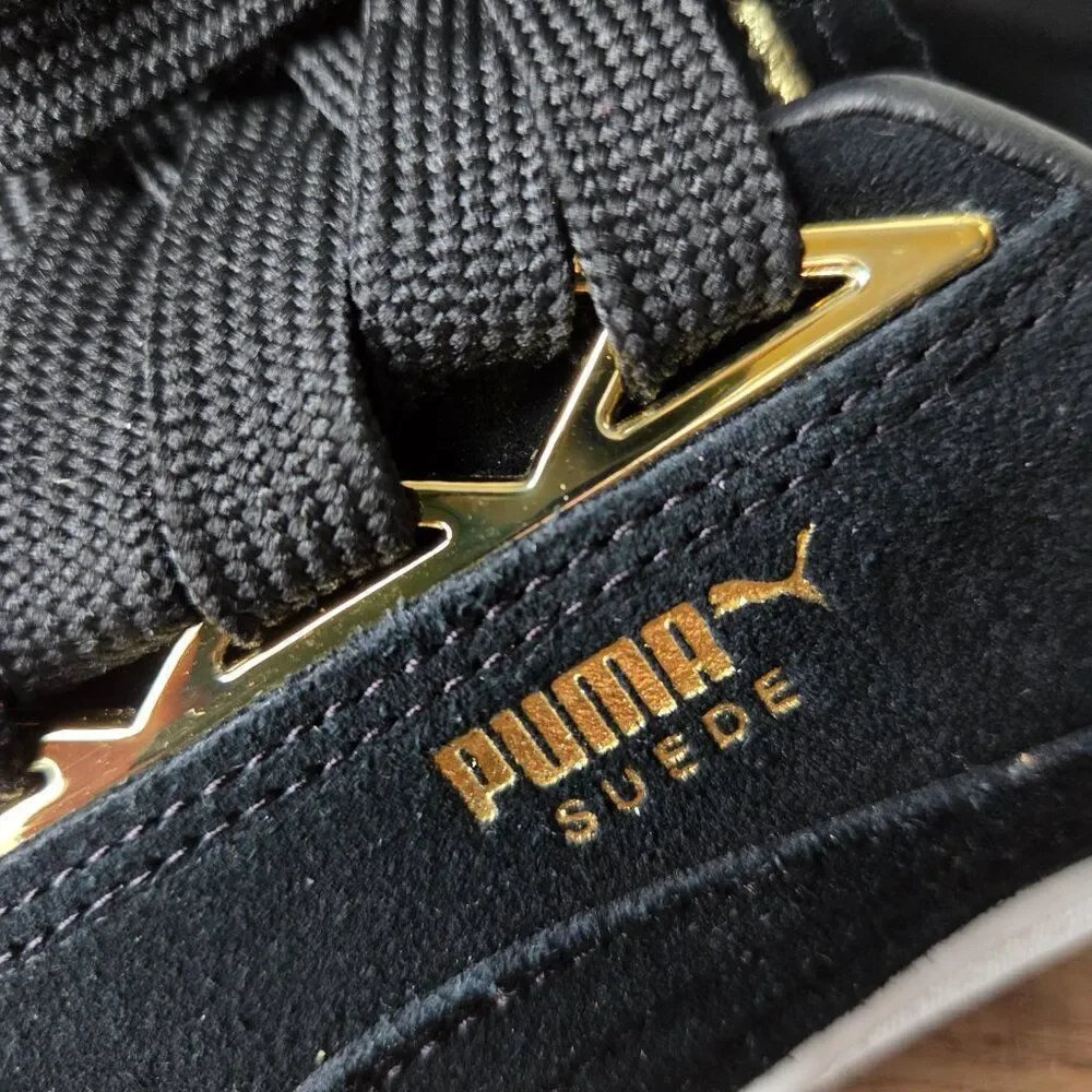 LIKE NEW PUMA 50TH ANNIVERSARY BLACK SUEDE /GOLD SNEAKERS SIZE 9 WOMENS